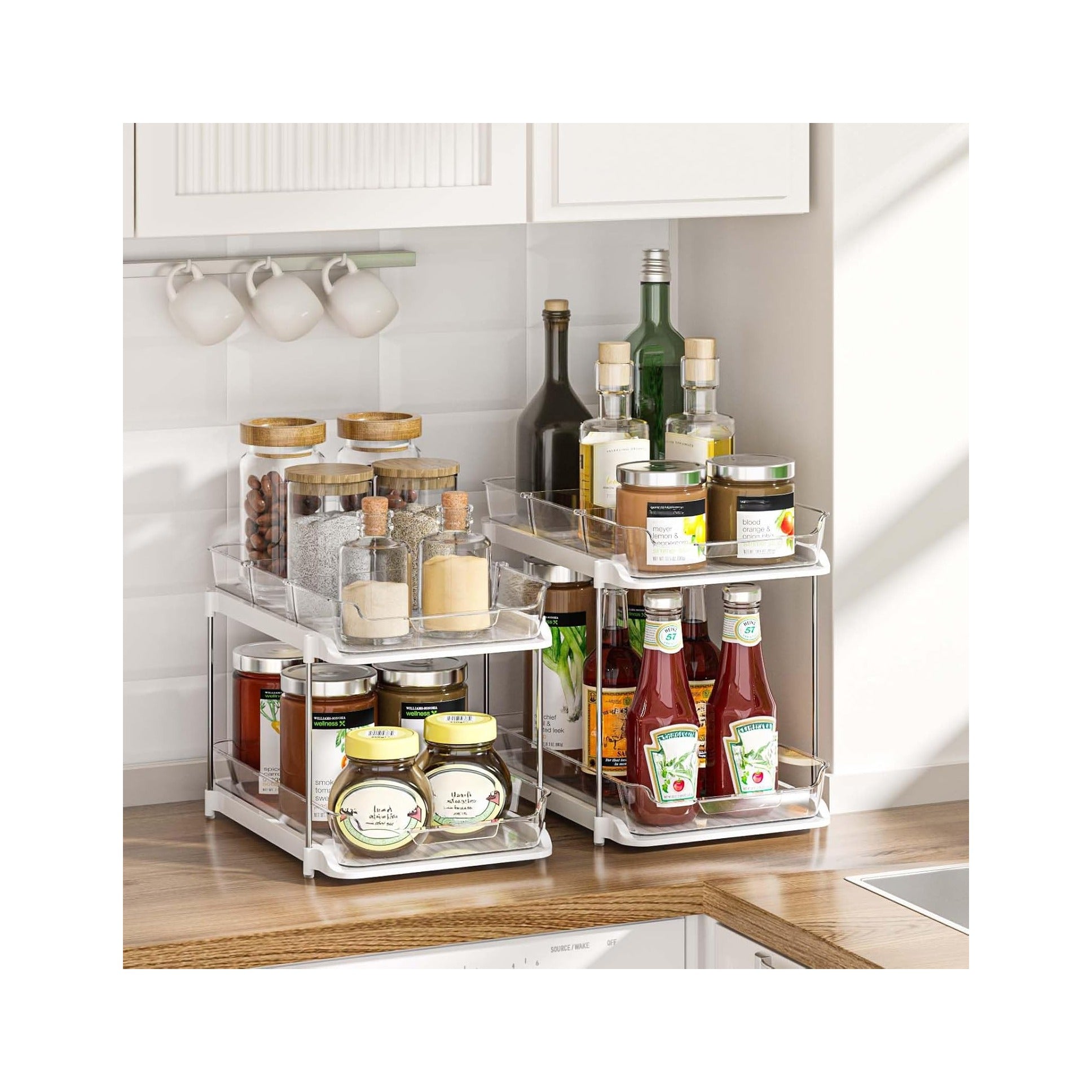 2-Tier Multi-Purpose Bathroom Under Sink Organizers and Storage, Stackable Kitchen Pantry Organization, Pull Out Medicine Cabinet Organizer with Movable Dividers, White, 2 Pack