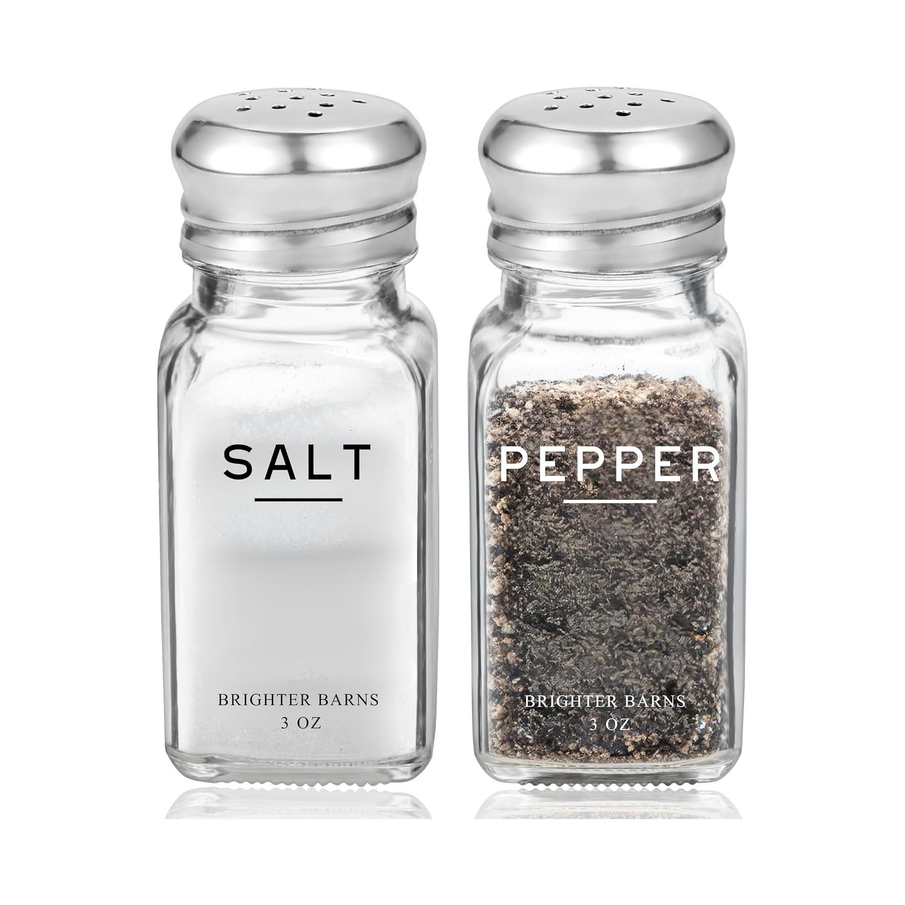 Glass Salt and Pepper Shakers Set by Brighter Barns - Modern Kitchen Decor, Dining Table Countertop Accessory - Rustic, Farmhouse, Vintage Glass Shakers with Stainless Steel Lids for Home, Restaurant