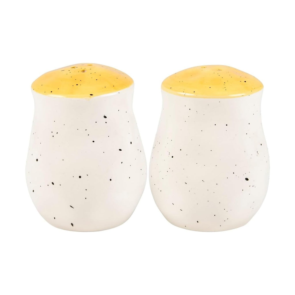 Salt & Pepper Set - features bees buzzing over flowers with yellow accents. Shakers include unique openings to tell them apart, with plastic stoppers for easy refilling & cleaning