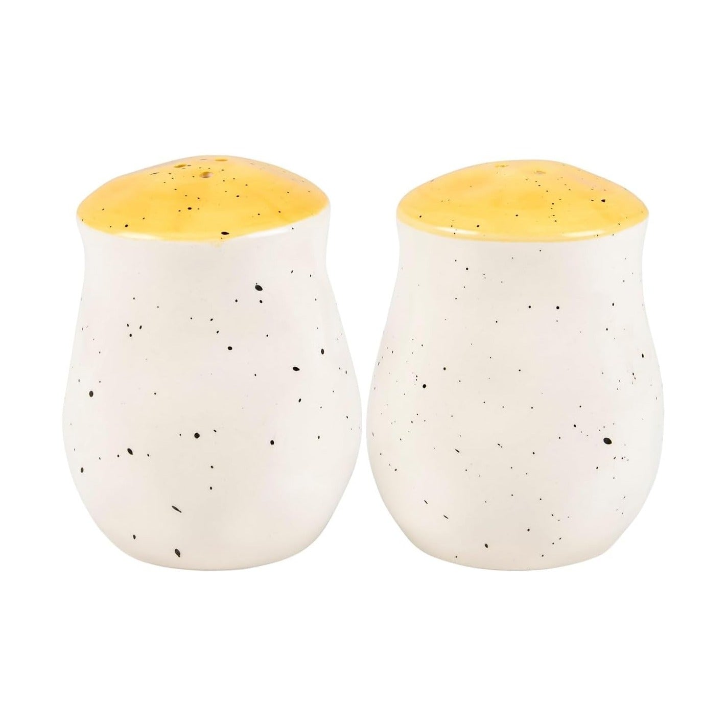 Salt & Pepper Set - features bees buzzing over flowers with yellow accents. Shakers include unique openings to tell them apart, with plastic stoppers for easy refilling & cleaning