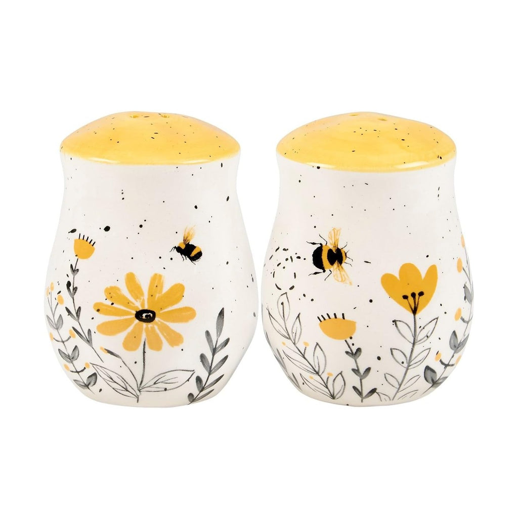 Salt & Pepper Set - features bees buzzing over flowers with yellow accents. Shakers include unique openings to tell them apart, with plastic stoppers for easy refilling & cleaning