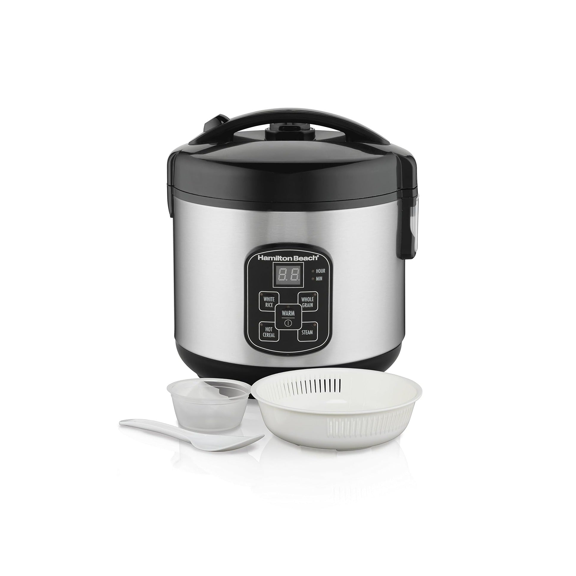 Digital Programmable Rice Cooker & Food Steamer, 8 Cups Cooked (4 Uncooked), With Steam & Rinse Basket, Stainless Steel