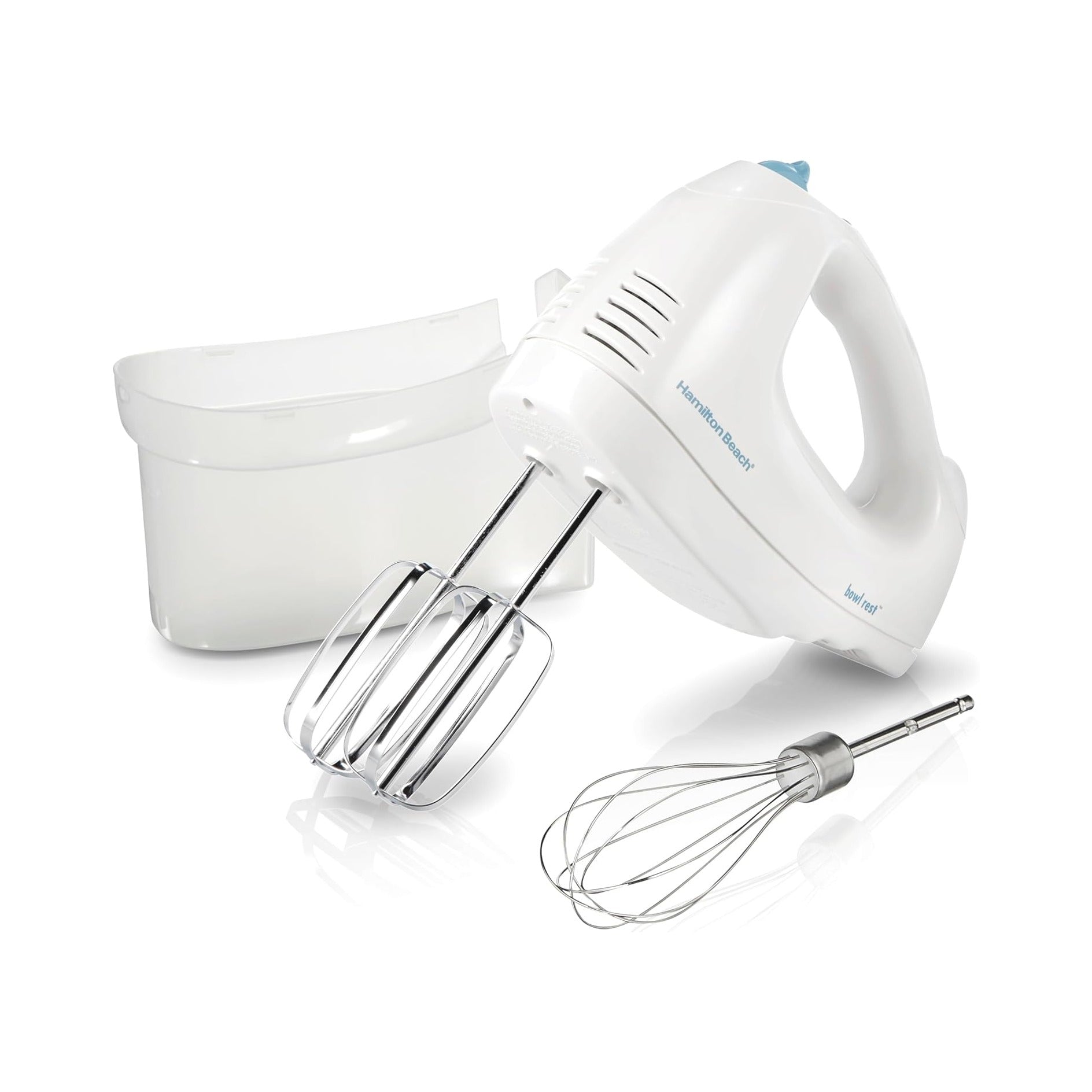 6-Speed Electric Hand Mixer with Whisk, Traditional Beaters, Snap-On Storage Case, 250 Watts, White