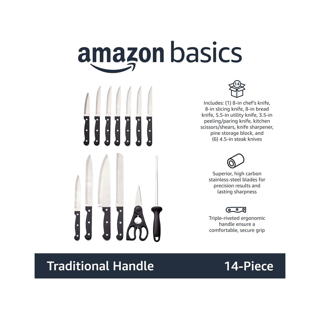 14-Piece High Carbon Stainless Steel Kitchen Knife Set with Full Tang Construction, Ergonomic Handles, Sharpener and Pinewood Block, Black