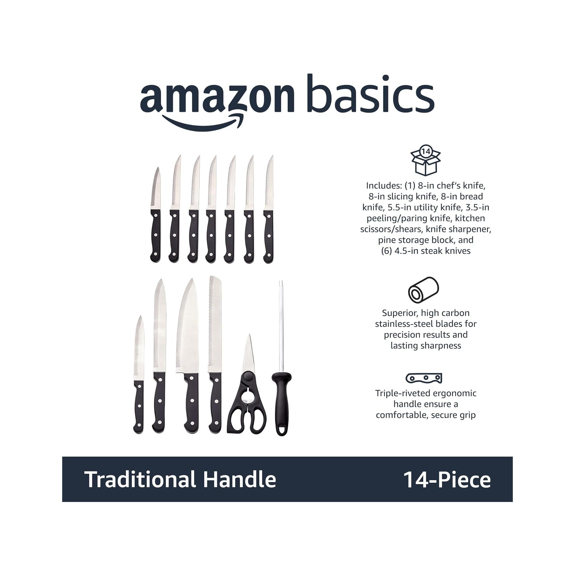 14-Piece High Carbon Stainless Steel Kitchen Knife Set with Full Tang Construction, Ergonomic Handles, Sharpener and Pinewood Block, Black