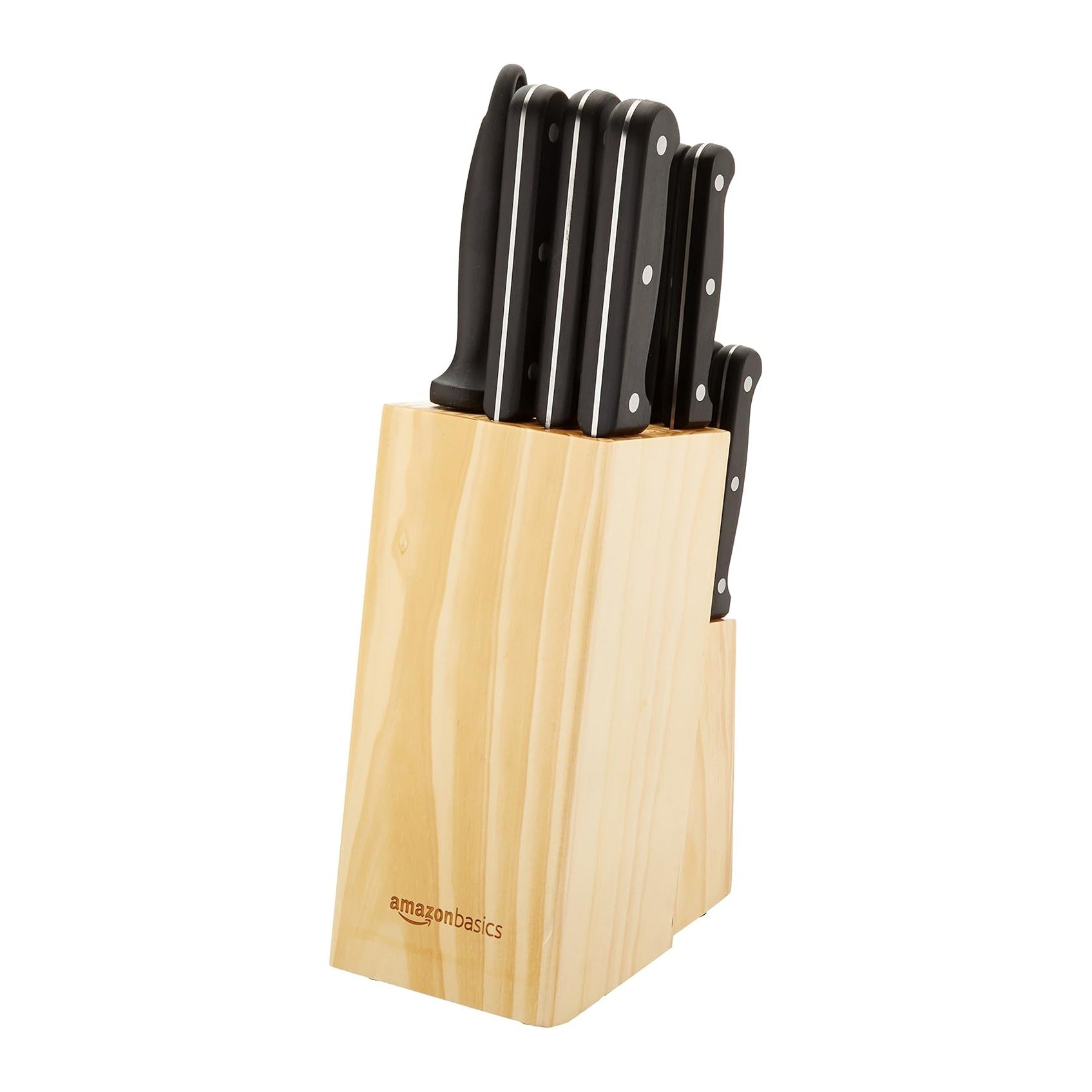 14-Piece High Carbon Stainless Steel Kitchen Knife Set with Full Tang Construction, Ergonomic Handles, Sharpener and Pinewood Block, Black