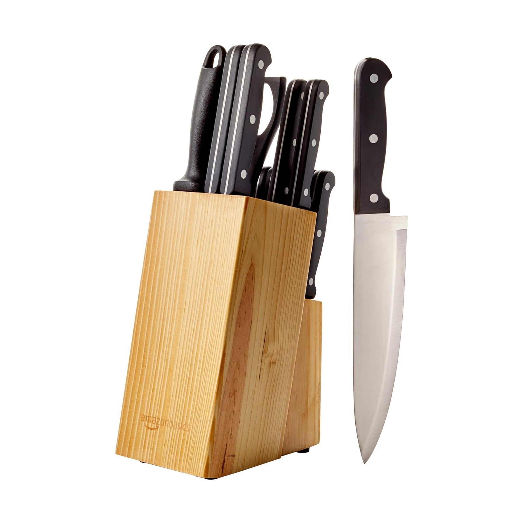 14-Piece High Carbon Stainless Steel Kitchen Knife Set with Full Tang Construction, Ergonomic Handles, Sharpener and Pinewood Block, Black