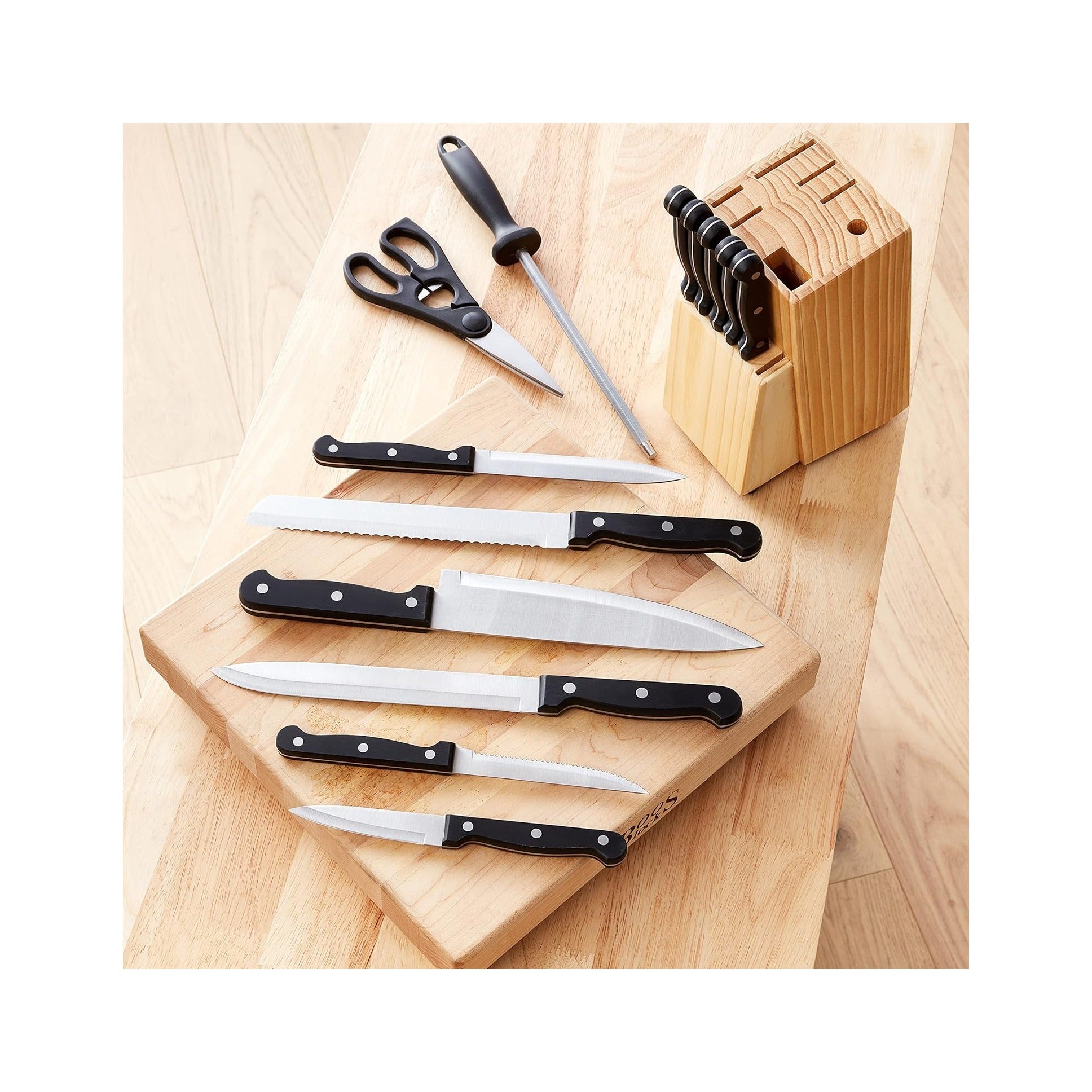 14-Piece High Carbon Stainless Steel Kitchen Knife Set with Full Tang Construction, Ergonomic Handles, Sharpener and Pinewood Block, Black