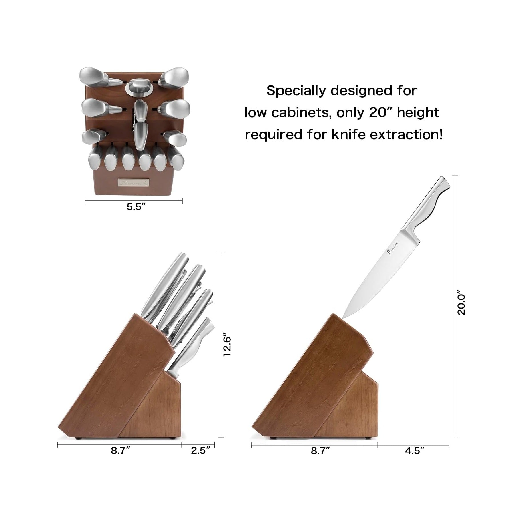 15-Piece Ultra Sharp Kitchen Knife Set with Wooden Block, Exclusive Ergonomic Anti-Slip Handle, High-Carbon 50CR15MOV Steel, Angled Design, Dark Brown Wood Block