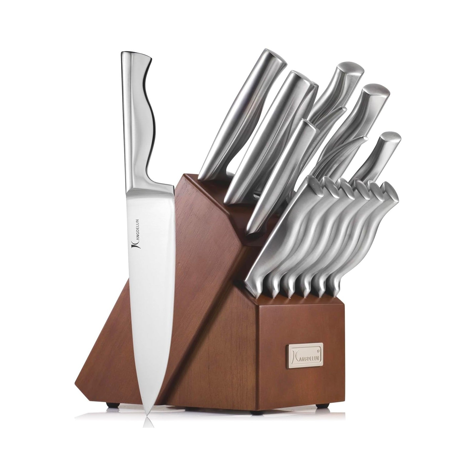 15-Piece Ultra Sharp Kitchen Knife Set with Wooden Block, Exclusive Ergonomic Anti-Slip Handle, High-Carbon 50CR15MOV Steel, Angled Design, Dark Brown Wood Block