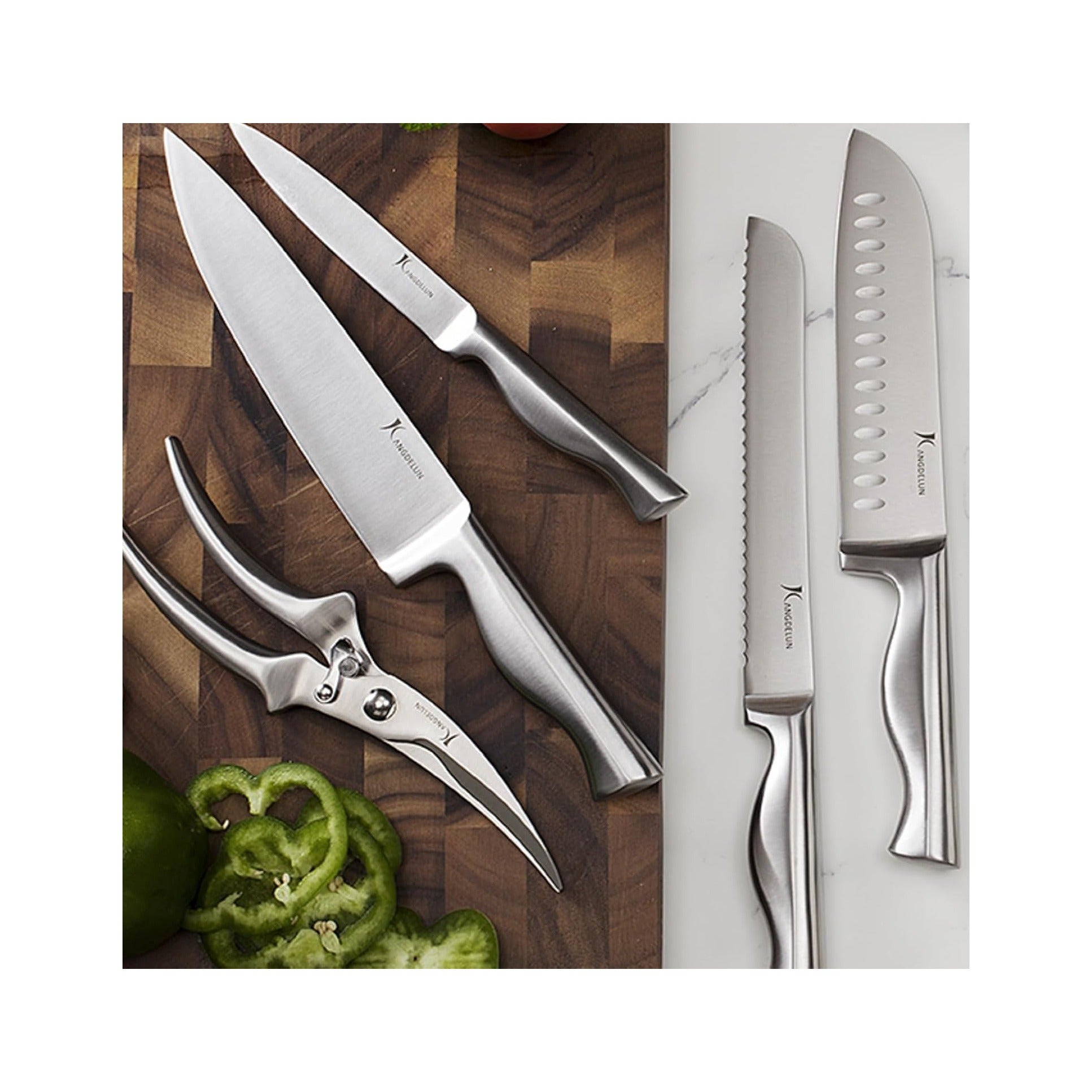 15-Piece Ultra Sharp Kitchen Knife Set with Wooden Block, Exclusive Ergonomic Anti-Slip Handle, High-Carbon 50CR15MOV Steel, Angled Design, Dark Brown Wood Block