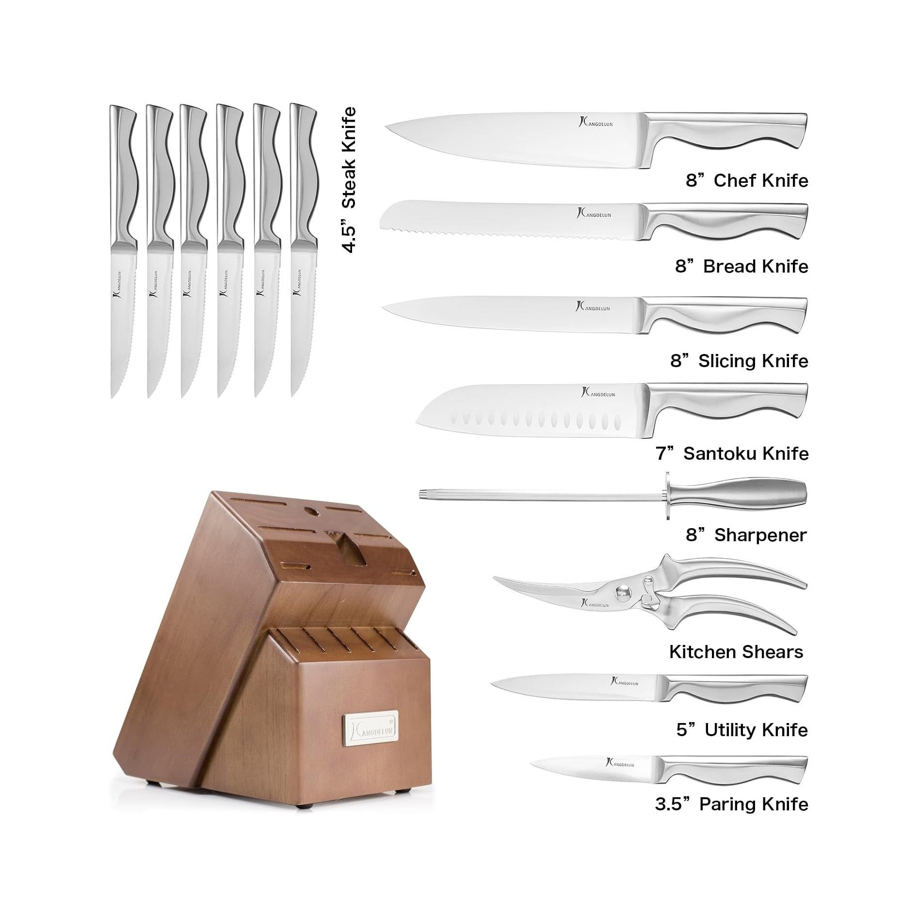 15-Piece Ultra Sharp Kitchen Knife Set with Wooden Block, Exclusive Ergonomic Anti-Slip Handle, High-Carbon 50CR15MOV Steel, Angled Design, Dark Brown Wood Block