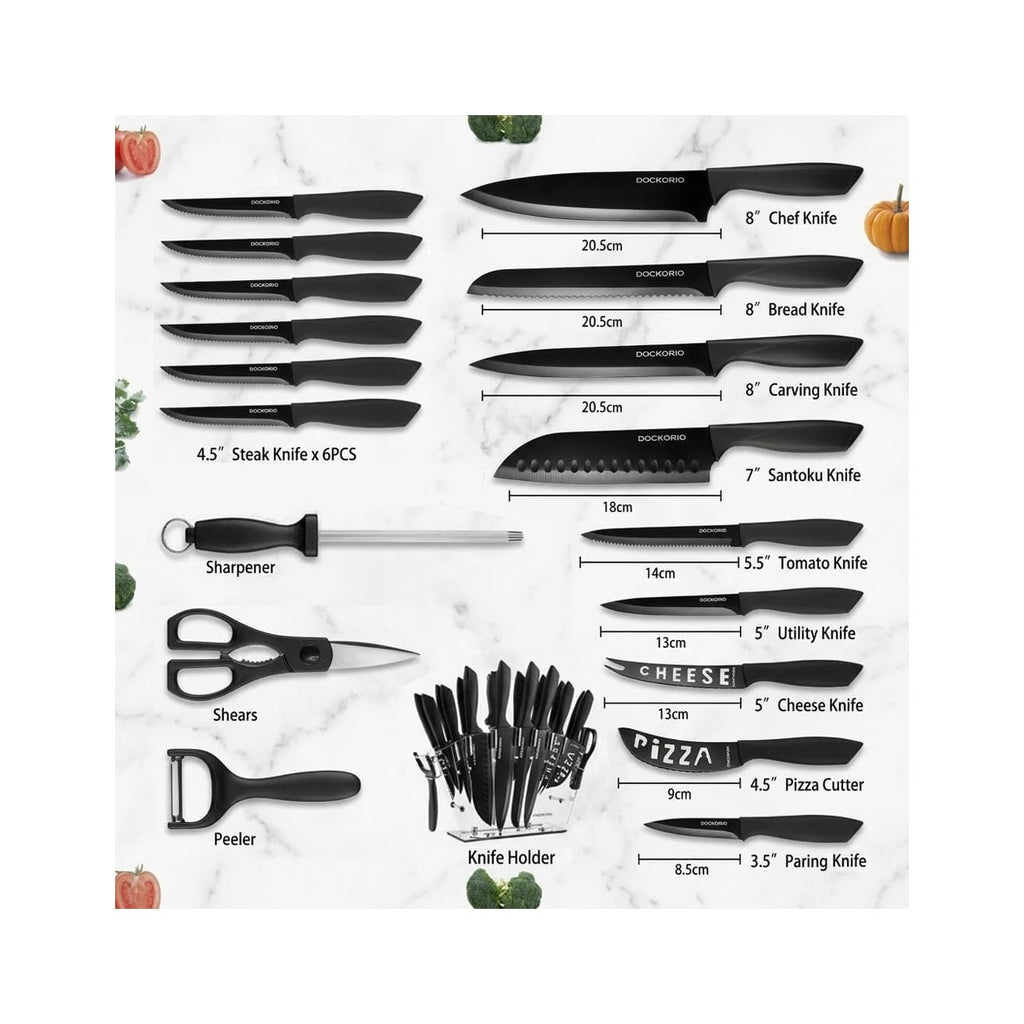 Kitchen Knife Set with Block, 19 PCS High Carbon Stainless Steel Sharp includes Serrated Steak Knives Set, Chef Knives, Bread Knife, Scissor, Sharpener, all in one
