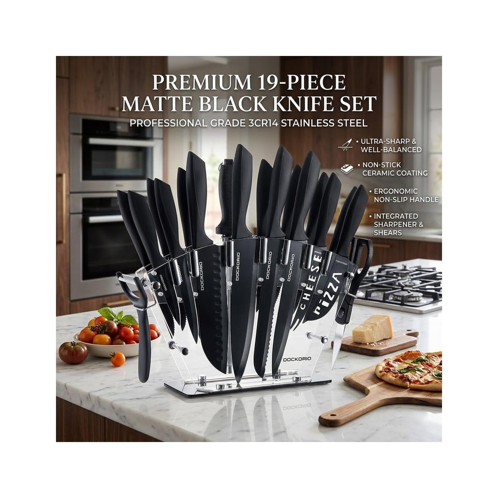 Kitchen Knife Set with Block, 19 PCS High Carbon Stainless Steel Sharp includes Serrated Steak Knives Set, Chef Knives, Bread Knife, Scissor, Sharpener, all in one