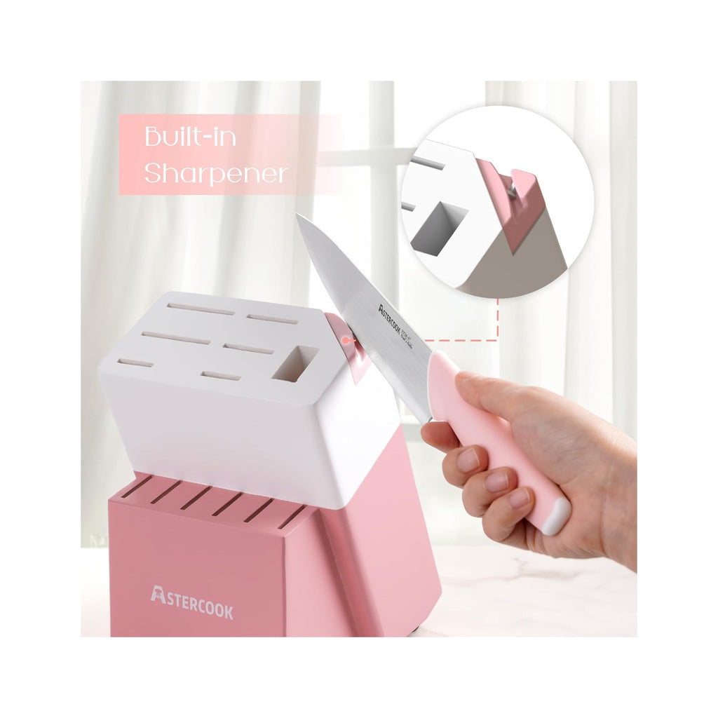 Knife Set, Kitchen Knives Set with Block and Sharpener 15 Pcs German Stainless Steel Knives Sharp Blade Dishwasher Safe Deba Knives with Ergonomic Handle, Crystal Pink