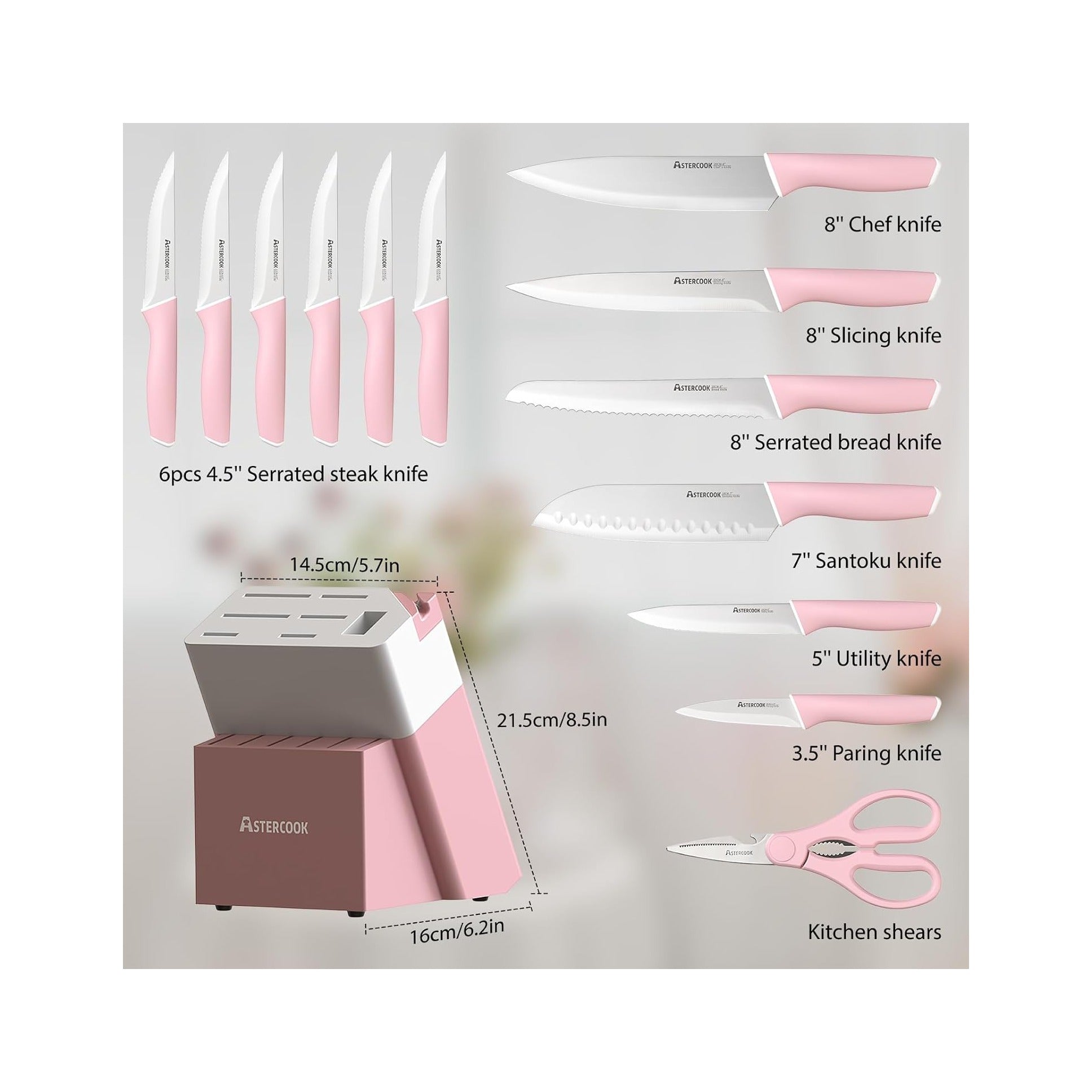 Knife Set, Kitchen Knives Set with Block and Sharpener 15 Pcs German Stainless Steel Knives Sharp Blade Dishwasher Safe Deba Knives with Ergonomic Handle, Crystal Pink