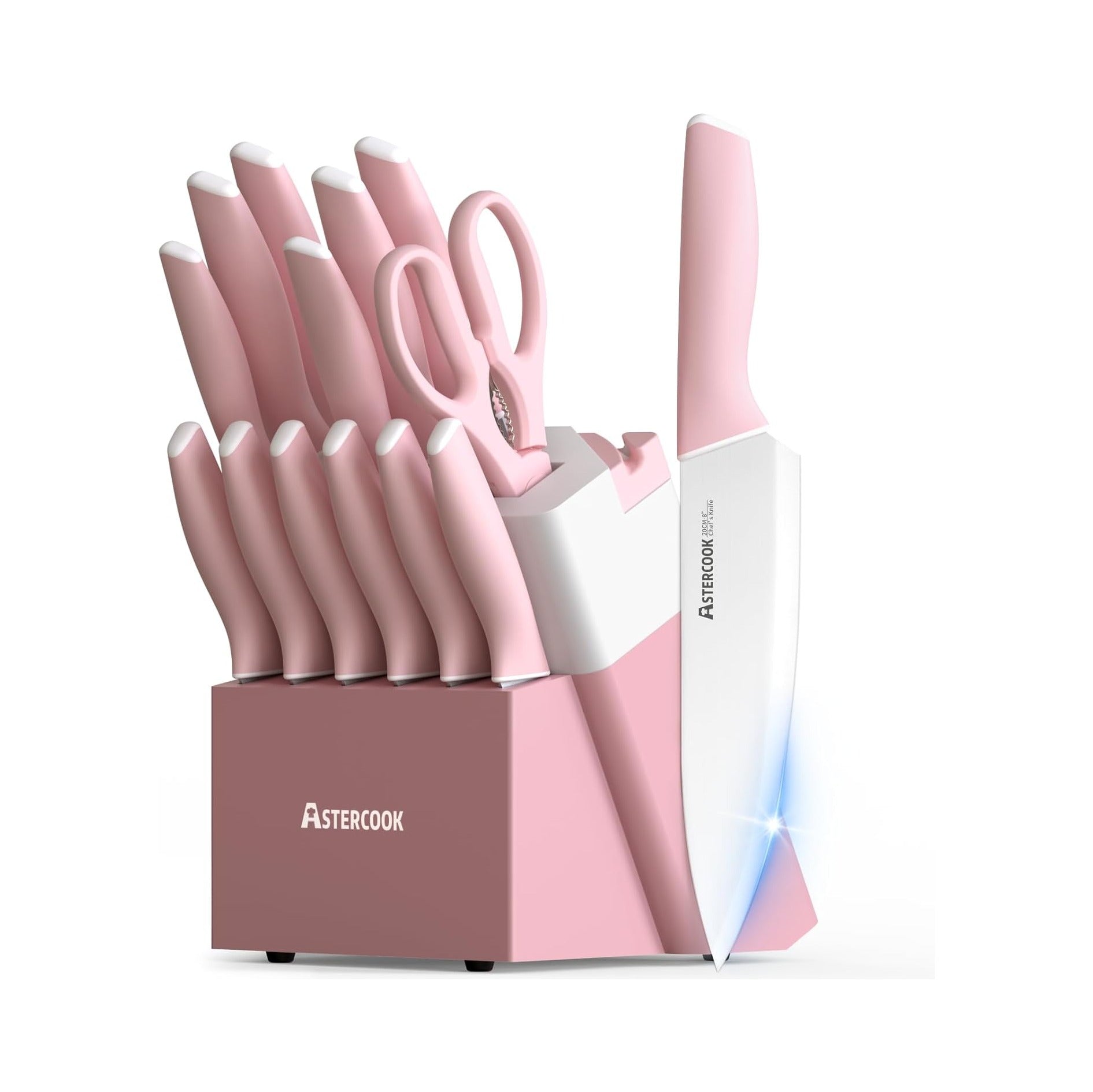 Knife Set, Kitchen Knives Set with Block and Sharpener 15 Pcs German Stainless Steel Knives Sharp Blade Dishwasher Safe Deba Knives with Ergonomic Handle, Crystal Pink