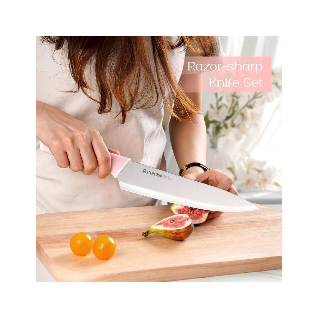 Knife Set, Kitchen Knives Set with Block and Sharpener 15 Pcs German Stainless Steel Knives Sharp Blade Dishwasher Safe Deba Knives with Ergonomic Handle, Crystal Pink