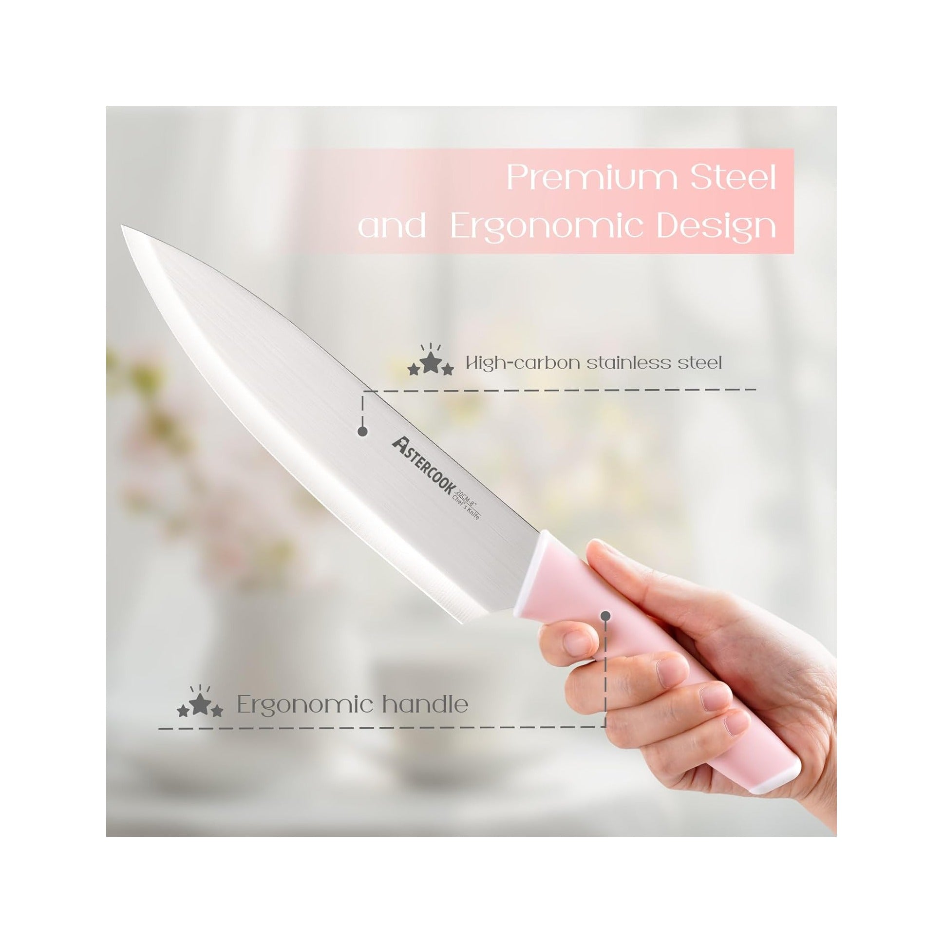 Knife Set, Kitchen Knives Set with Block and Sharpener 15 Pcs German Stainless Steel Knives Sharp Blade Dishwasher Safe Deba Knives with Ergonomic Handle, Crystal Pink