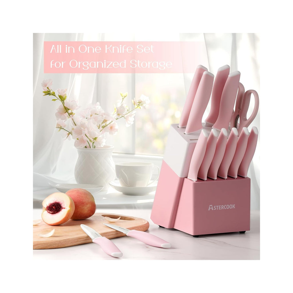 Knife Set, Kitchen Knives Set with Block and Sharpener 15 Pcs German Stainless Steel Knives Sharp Blade Dishwasher Safe Deba Knives with Ergonomic Handle, Crystal Pink