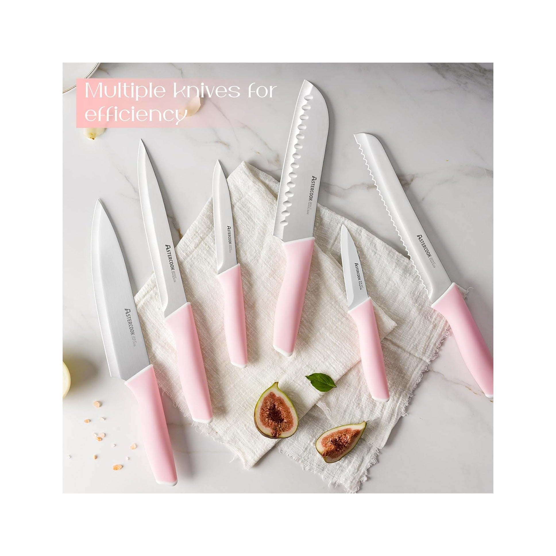 Knife Set, Kitchen Knives Set with Block and Sharpener 15 Pcs German Stainless Steel Knives Sharp Blade Dishwasher Safe Deba Knives with Ergonomic Handle, Crystal Pink