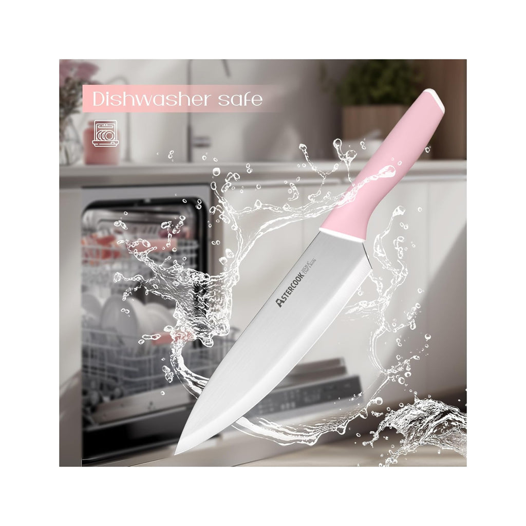 Knife Set, Kitchen Knives Set with Block and Sharpener 15 Pcs German Stainless Steel Knives Sharp Blade Dishwasher Safe Deba Knives with Ergonomic Handle, Crystal Pink