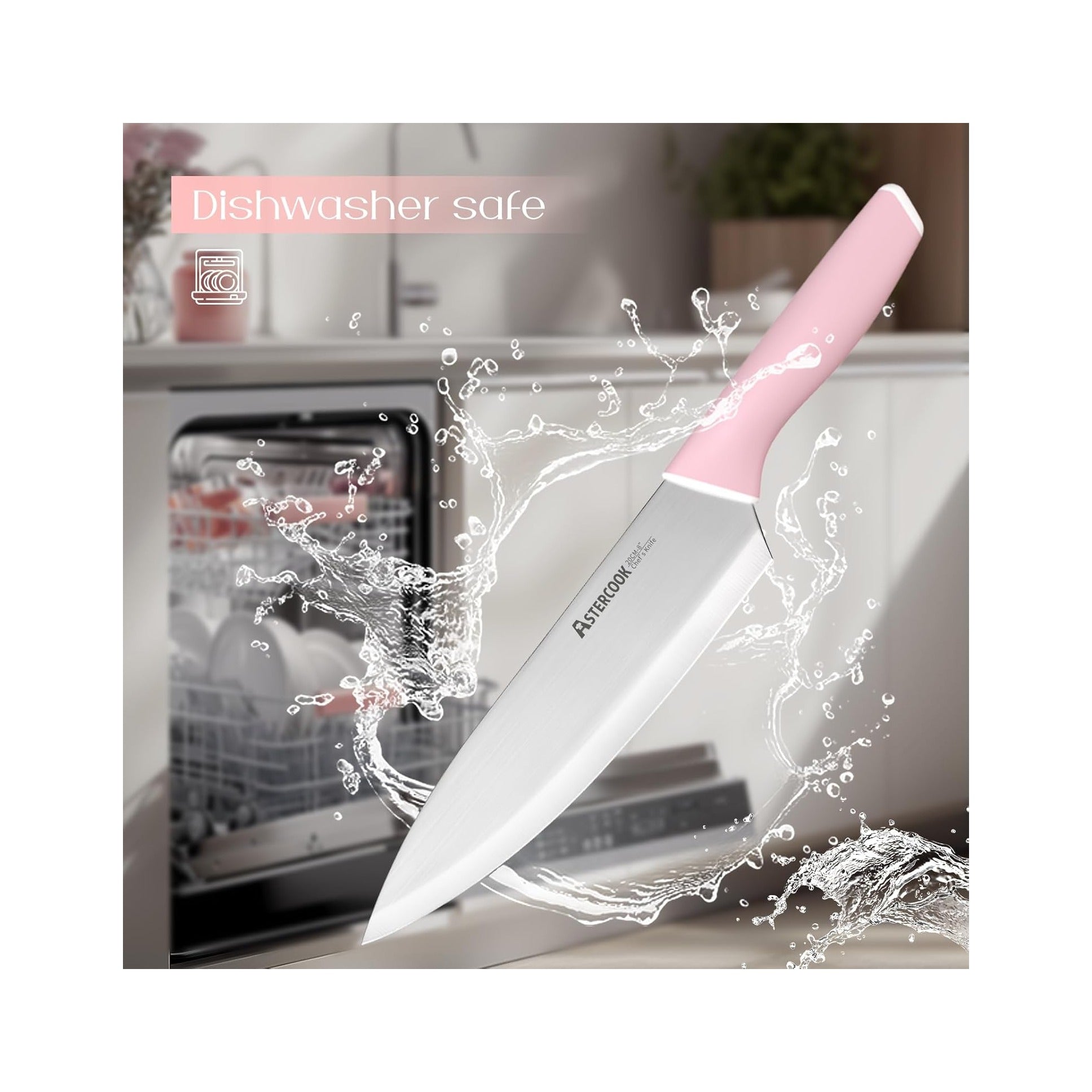 Knife Set, Kitchen Knives Set with Block and Sharpener 15 Pcs German Stainless Steel Knives Sharp Blade Dishwasher Safe Deba Knives with Ergonomic Handle, Crystal Pink