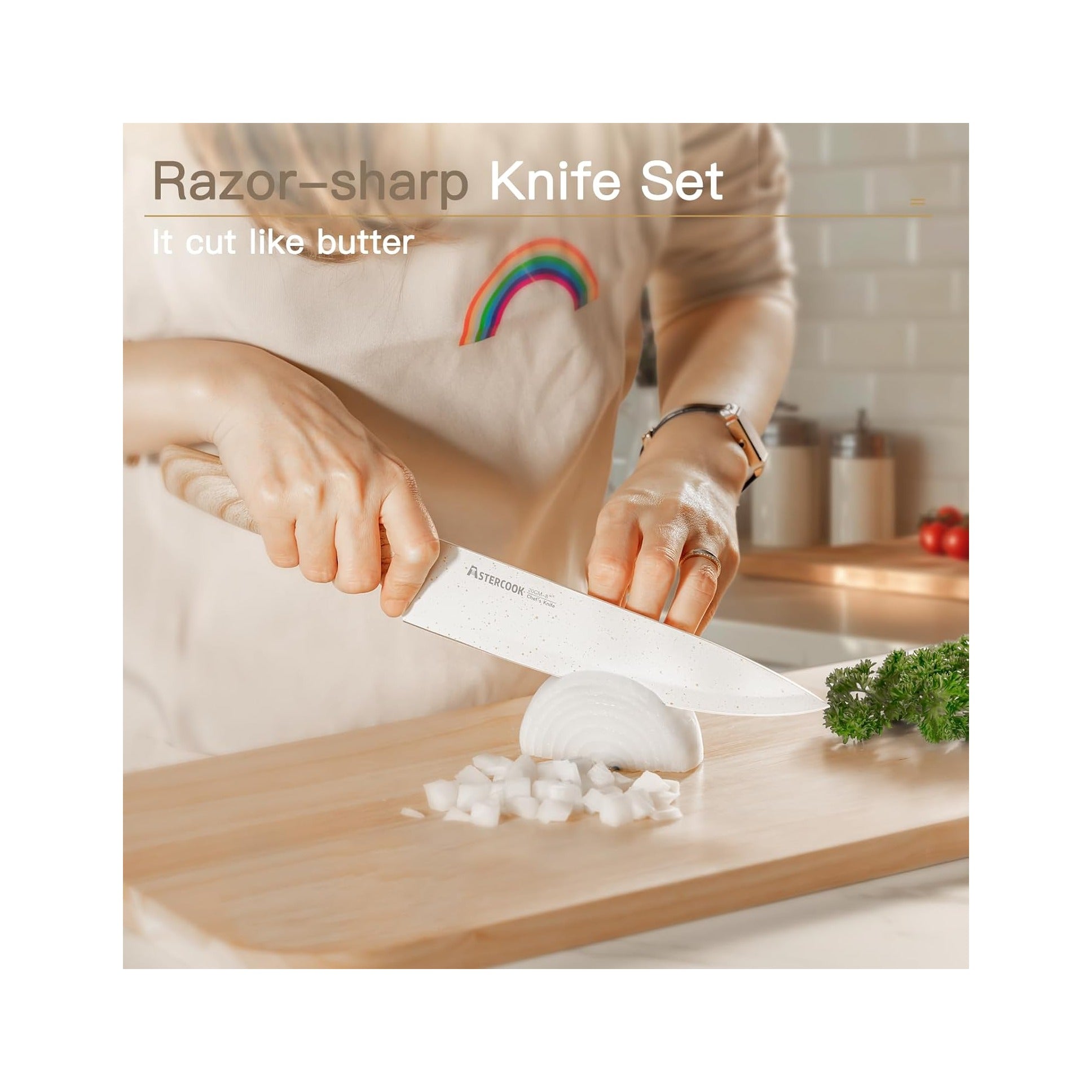 Knife Set, 13 Pieces Kitchen Knives Set with Ceramic Coating, Stainless Steel Chef Knife Sets with 6 Blade Guards, Dishwasher Safe Knives with Wooden Handle, White