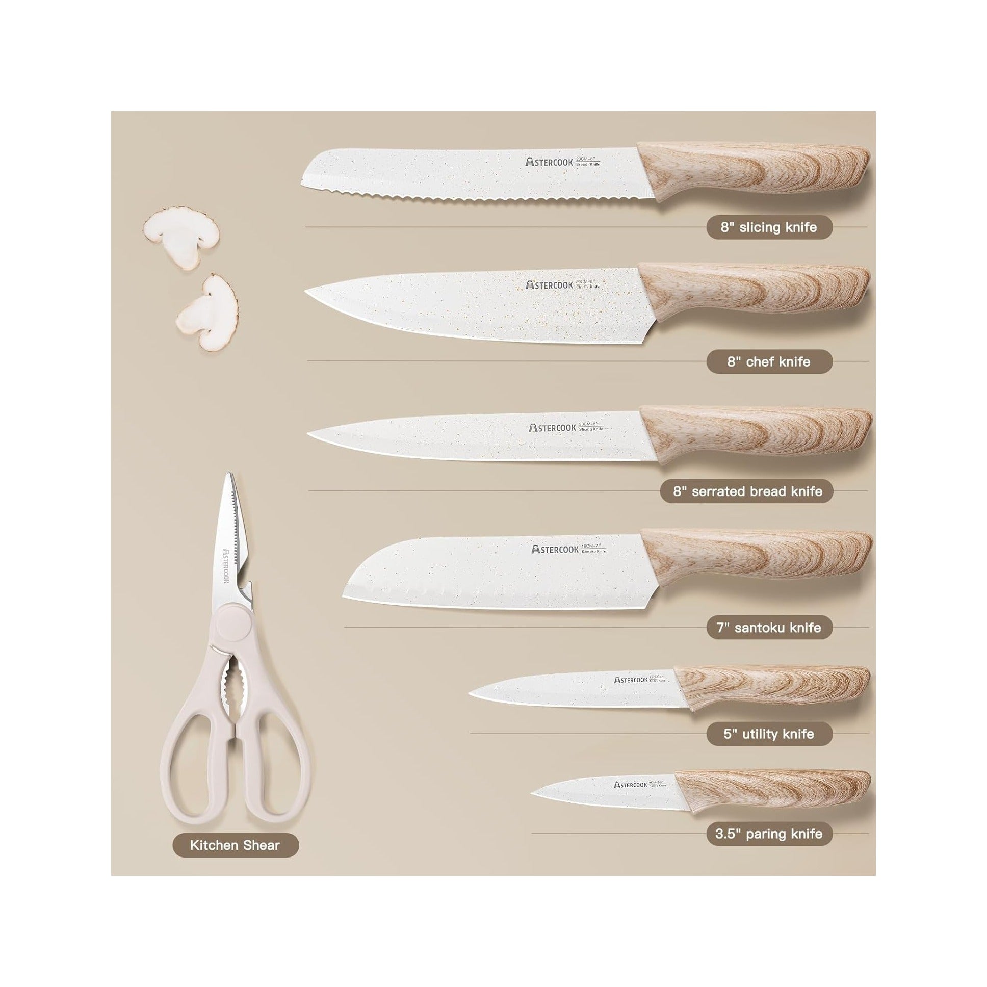 Knife Set, 13 Pieces Kitchen Knives Set with Ceramic Coating, Stainless Steel Chef Knife Sets with 6 Blade Guards, Dishwasher Safe Knives with Wooden Handle, White