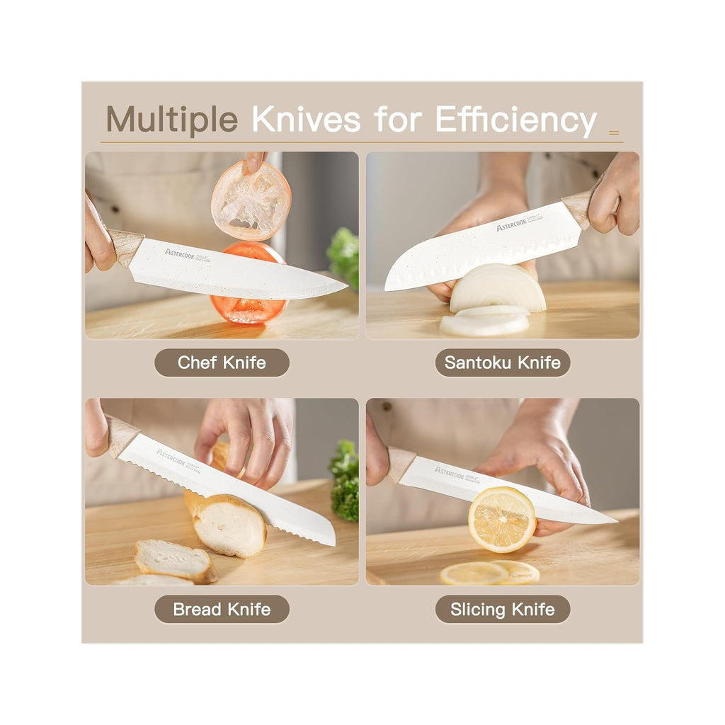 Knife Set, 13 Pieces Kitchen Knives Set with Ceramic Coating, Stainless Steel Chef Knife Sets with 6 Blade Guards, Dishwasher Safe Knives with Wooden Handle, White
