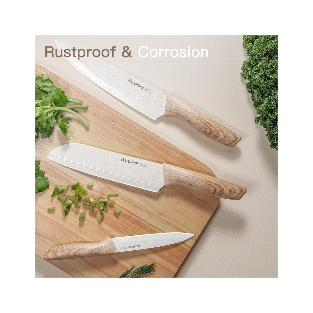 Knife Set, 13 Pieces Kitchen Knives Set with Ceramic Coating, Stainless Steel Chef Knife Sets with 6 Blade Guards, Dishwasher Safe Knives with Wooden Handle, White