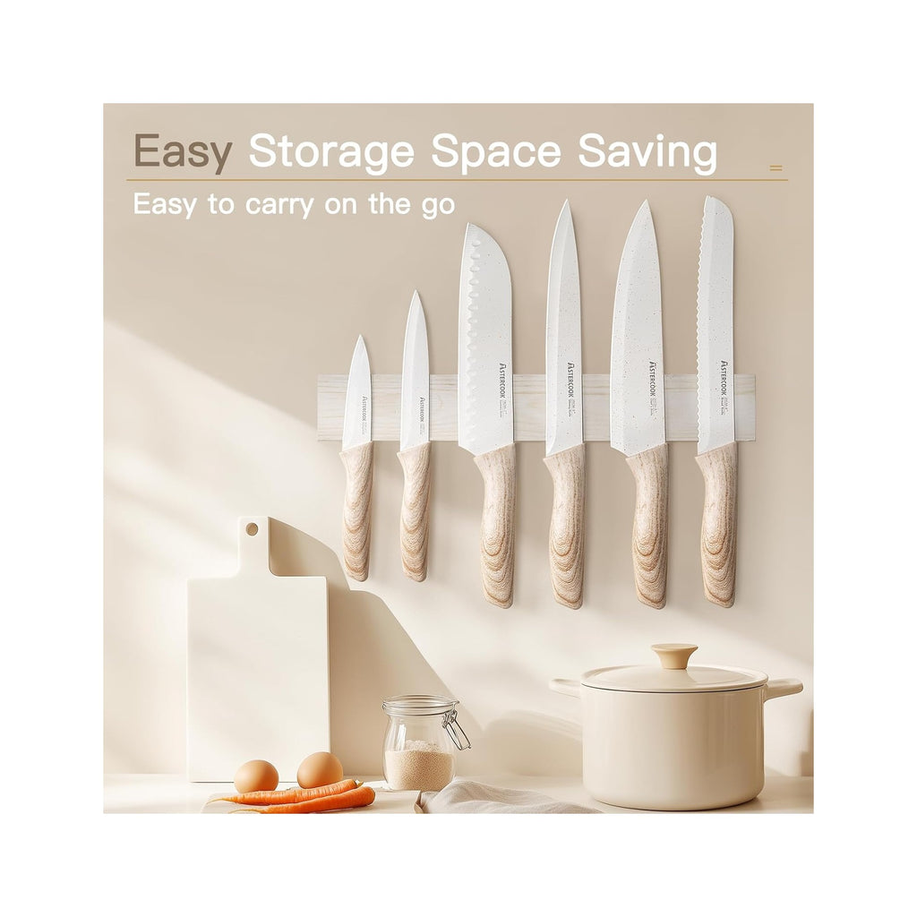 Knife Set, 13 Pieces Kitchen Knives Set with Ceramic Coating, Stainless Steel Chef Knife Sets with 6 Blade Guards, Dishwasher Safe Knives with Wooden Handle, White