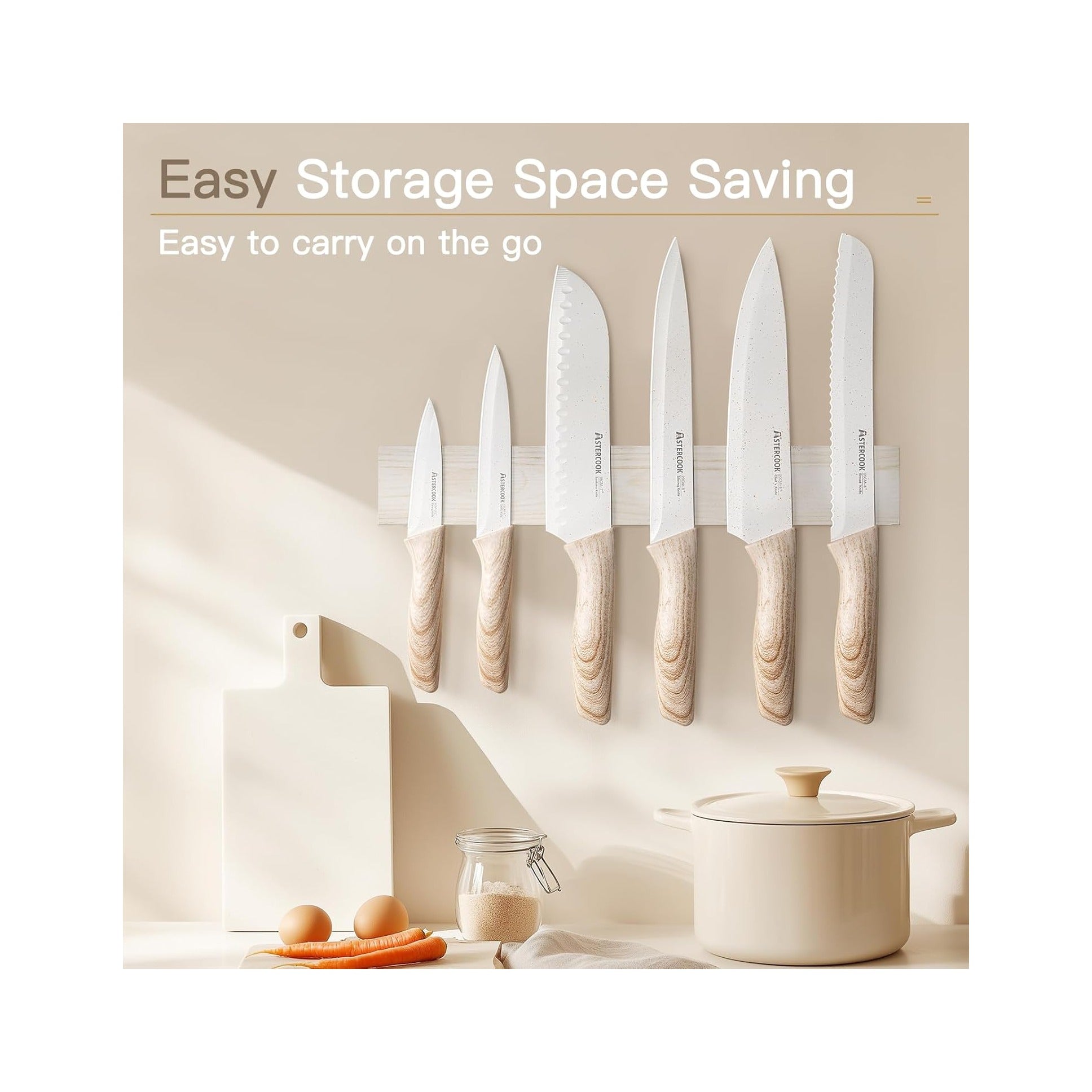Knife Set, 13 Pieces Kitchen Knives Set with Ceramic Coating, Stainless Steel Chef Knife Sets with 6 Blade Guards, Dishwasher Safe Knives with Wooden Handle, White