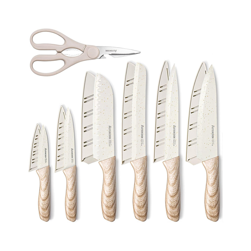 Knife Set, 13 Pieces Kitchen Knives Set with Ceramic Coating, Stainless Steel Chef Knife Sets with 6 Blade Guards, Dishwasher Safe Knives with Wooden Handle, White