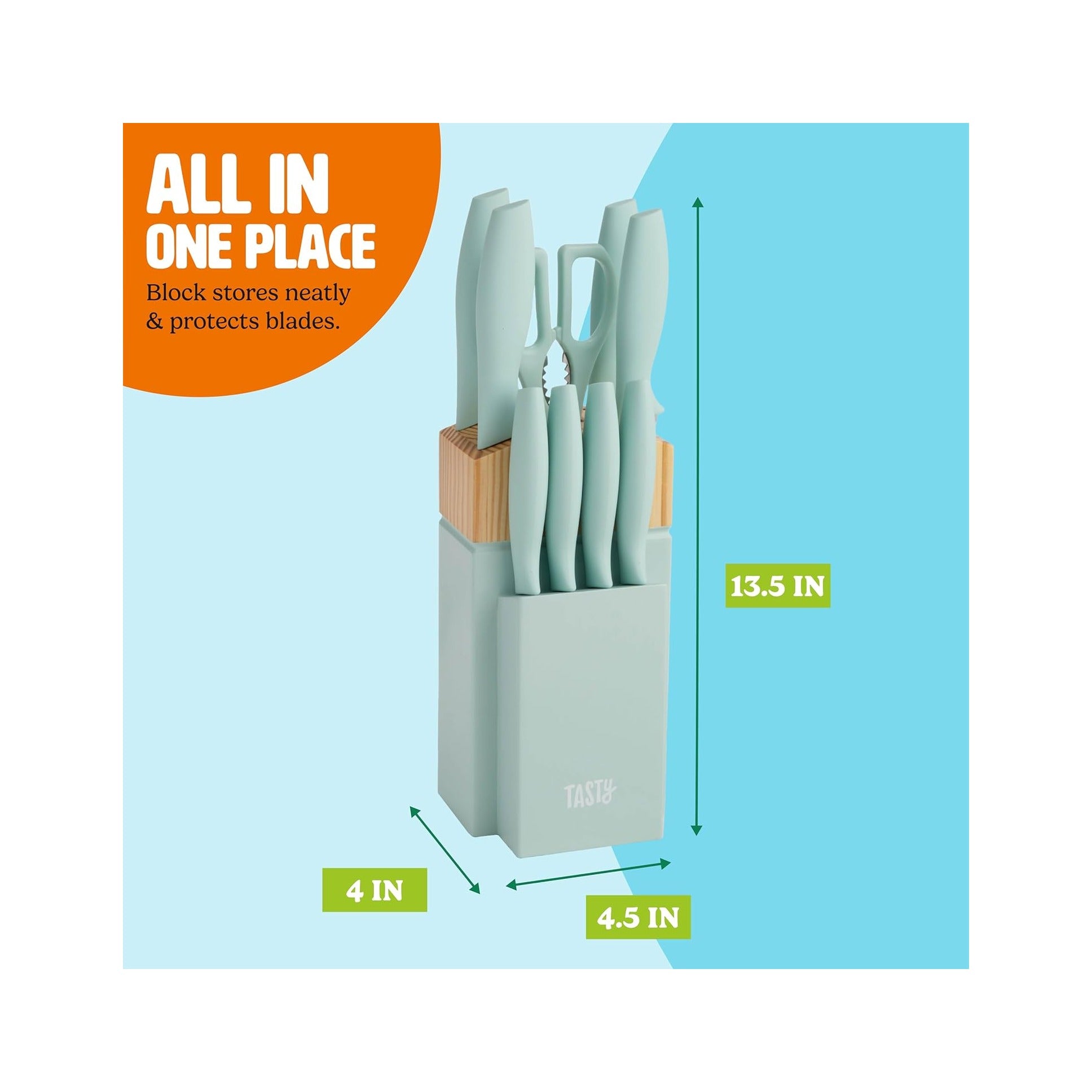Kitchen Knife Set with Block, Cutlery Set includes Chef, Bread, Utility, Paring, Steak Knives & Shears, 10-Piece, Aqua