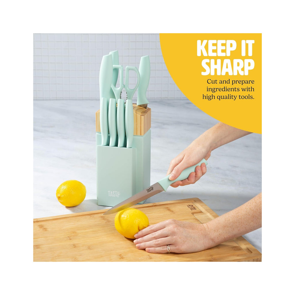 Kitchen Knife Set with Block, Cutlery Set includes Chef, Bread, Utility, Paring, Steak Knives & Shears, 10-Piece, Aqua