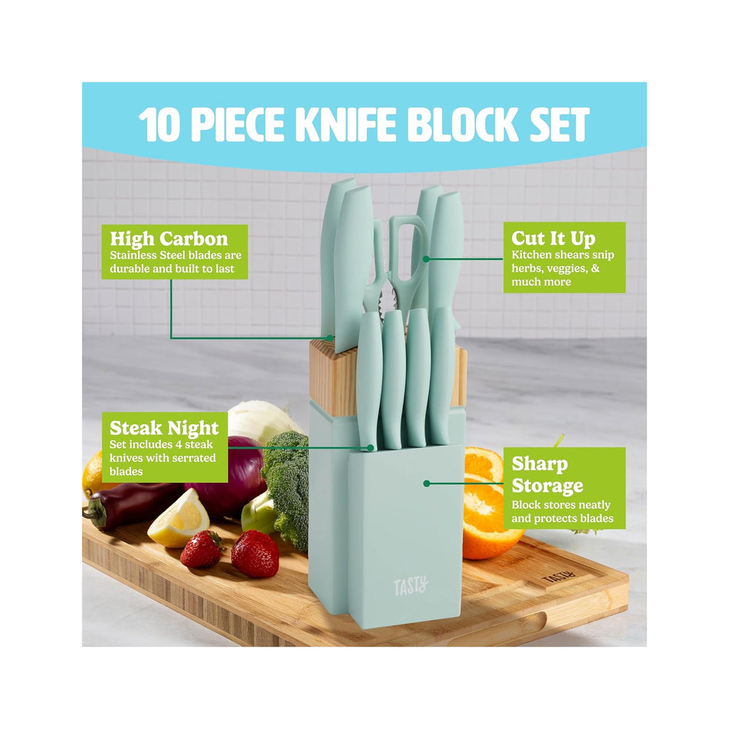 Kitchen Knife Set with Block, Cutlery Set includes Chef, Bread, Utility, Paring, Steak Knives & Shears, 10-Piece, Aqua
