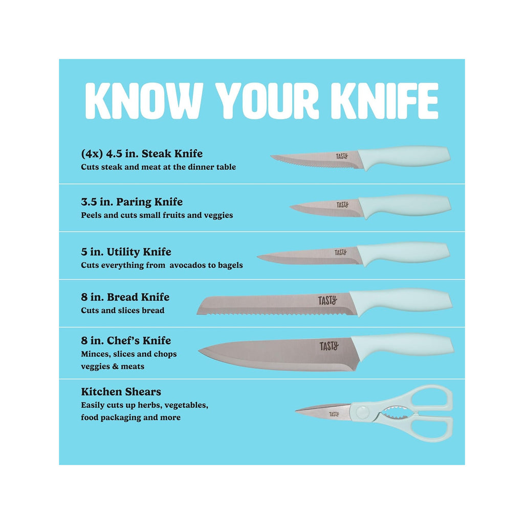 Kitchen Knife Set with Block, Cutlery Set includes Chef, Bread, Utility, Paring, Steak Knives & Shears, 10-Piece, Aqua