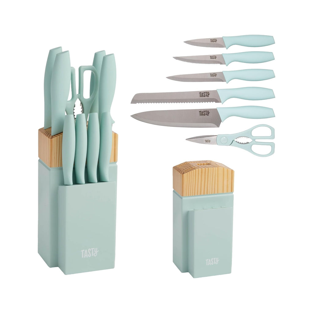 Kitchen Knife Set with Block, Cutlery Set includes Chef, Bread, Utility, Paring, Steak Knives & Shears, 10-Piece, Aqua