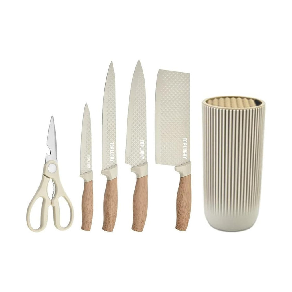 Knife Set, Wiztoynia 6-Piece Khaki Kitchen Knife Set for Home, Anti-Rust Non-stick Stainless Steel Sharp Chef Knife Sets with Universal Knife Block for Kitchen, Ergonomical Design