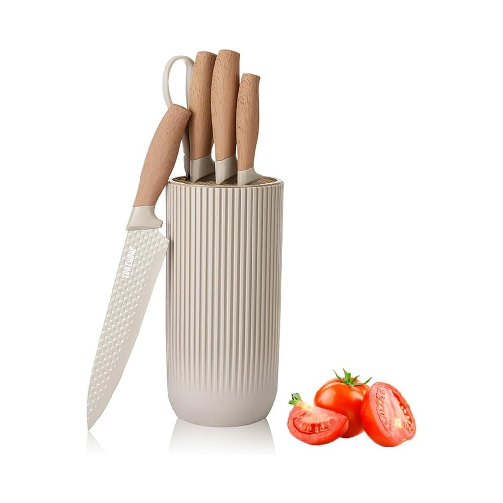 Knife Set, Wiztoynia 6-Piece Khaki Kitchen Knife Set for Home, Anti-Rust Non-stick Stainless Steel Sharp Chef Knife Sets with Universal Knife Block for Kitchen, Ergonomical Design