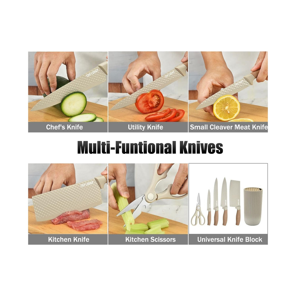 Knife Set, Wiztoynia 6-Piece Khaki Kitchen Knife Set for Home, Anti-Rust Non-stick Stainless Steel Sharp Chef Knife Sets with Universal Knife Block for Kitchen, Ergonomical Design