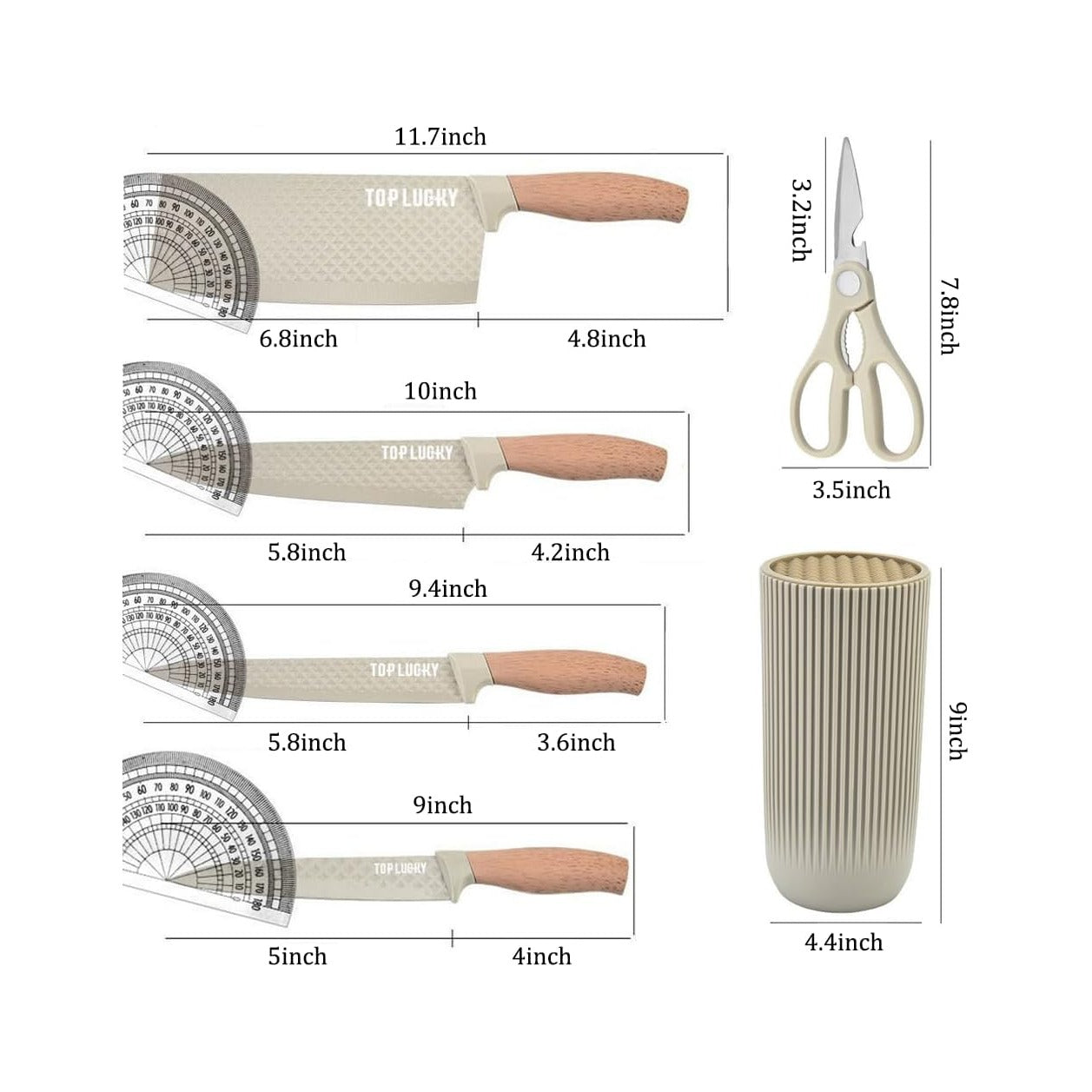 Knife Set, Wiztoynia 6-Piece Khaki Kitchen Knife Set for Home, Anti-Rust Non-stick Stainless Steel Sharp Chef Knife Sets with Universal Knife Block for Kitchen, Ergonomical Design