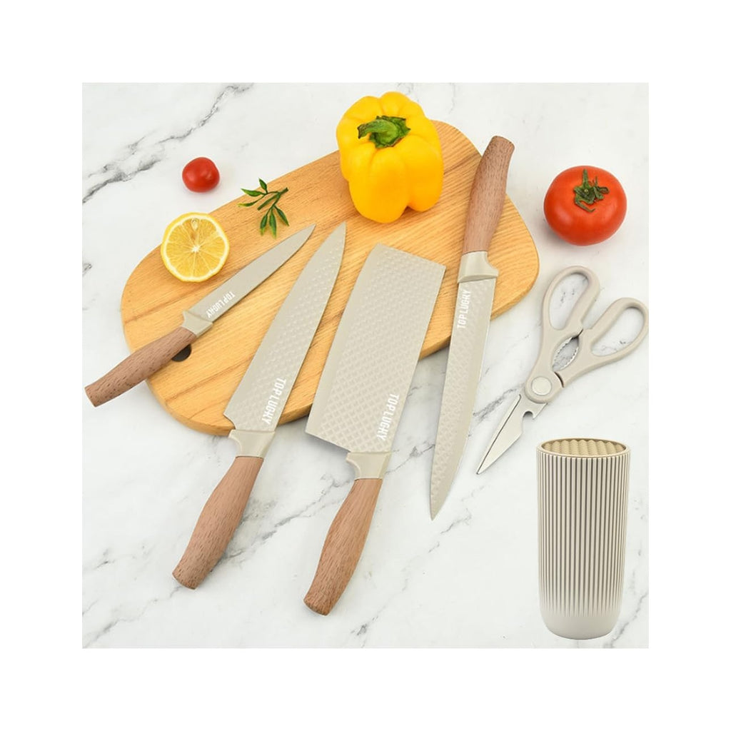 Knife Set, Wiztoynia 6-Piece Khaki Kitchen Knife Set for Home, Anti-Rust Non-stick Stainless Steel Sharp Chef Knife Sets with Universal Knife Block for Kitchen, Ergonomical Design