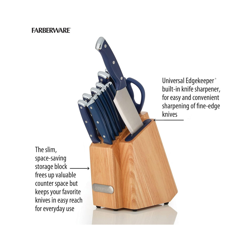 Edgekeeper Triple Riveted Slim Knife Block Set with Built in Sharpener, 14-Piece, Navy