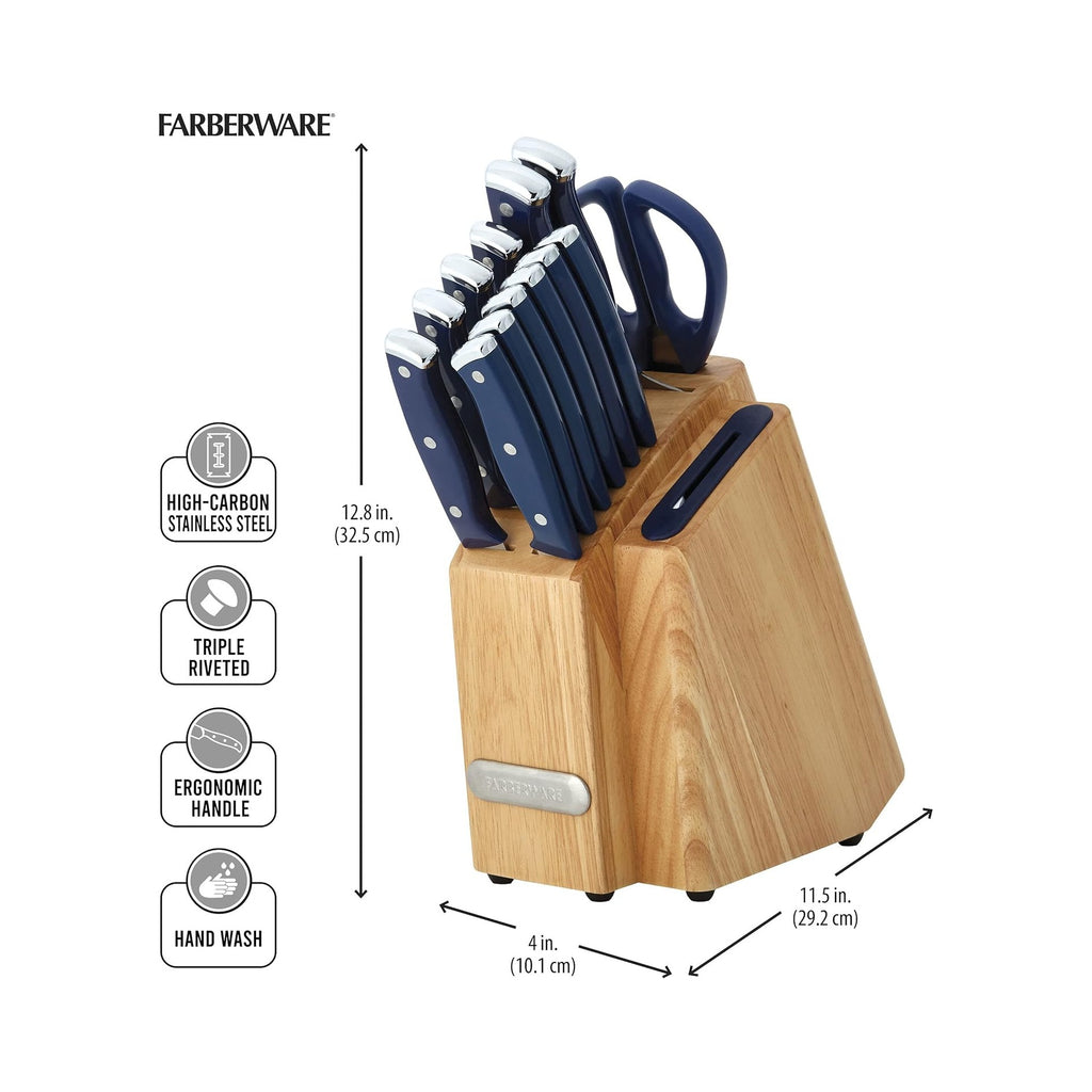 Edgekeeper Triple Riveted Slim Knife Block Set with Built in Sharpener, 14-Piece, Navy