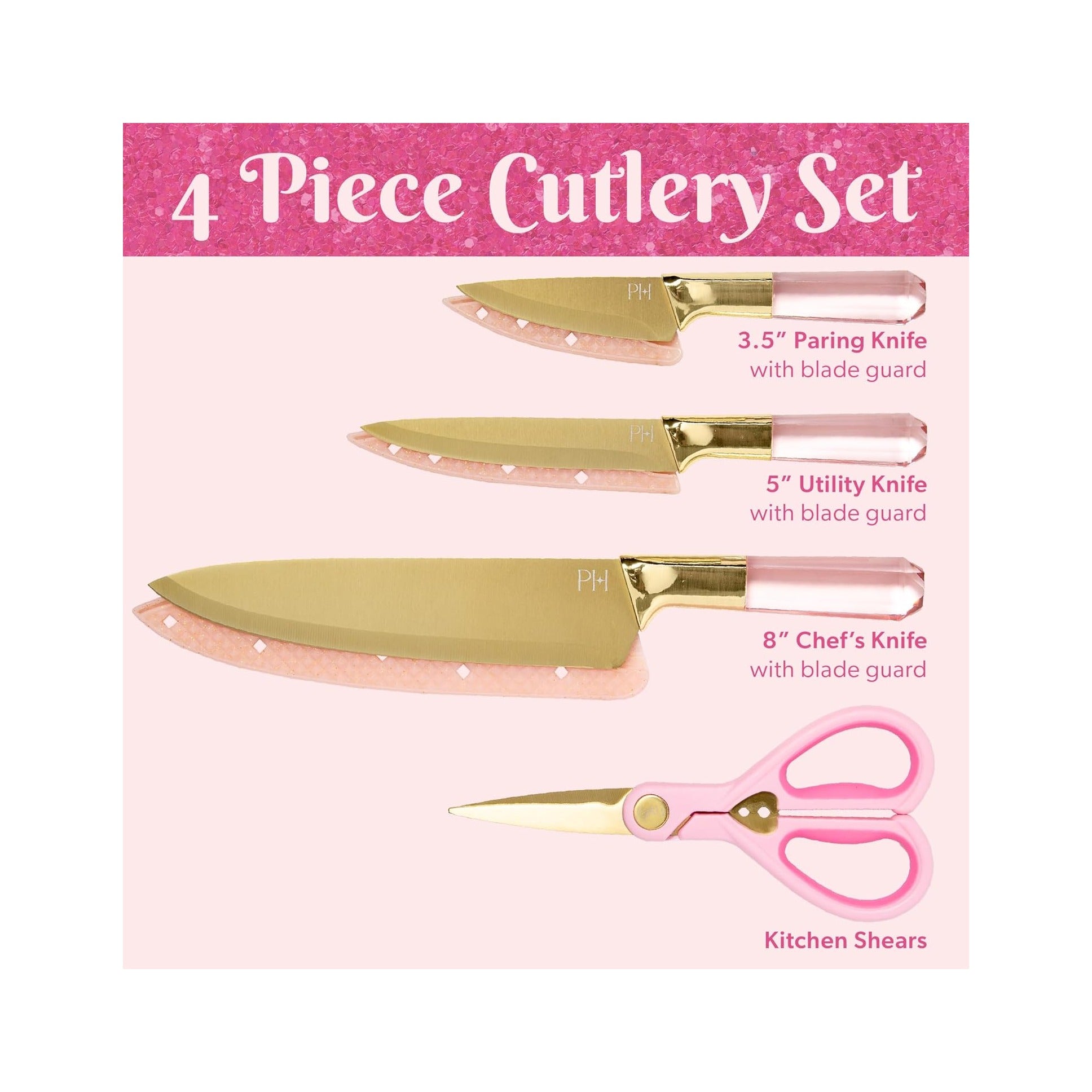 Stainless Steel Knife Set with Jewel Shaped Handles and Gold Blades, Iconic Cutlery Set, 4-Piece, Pink