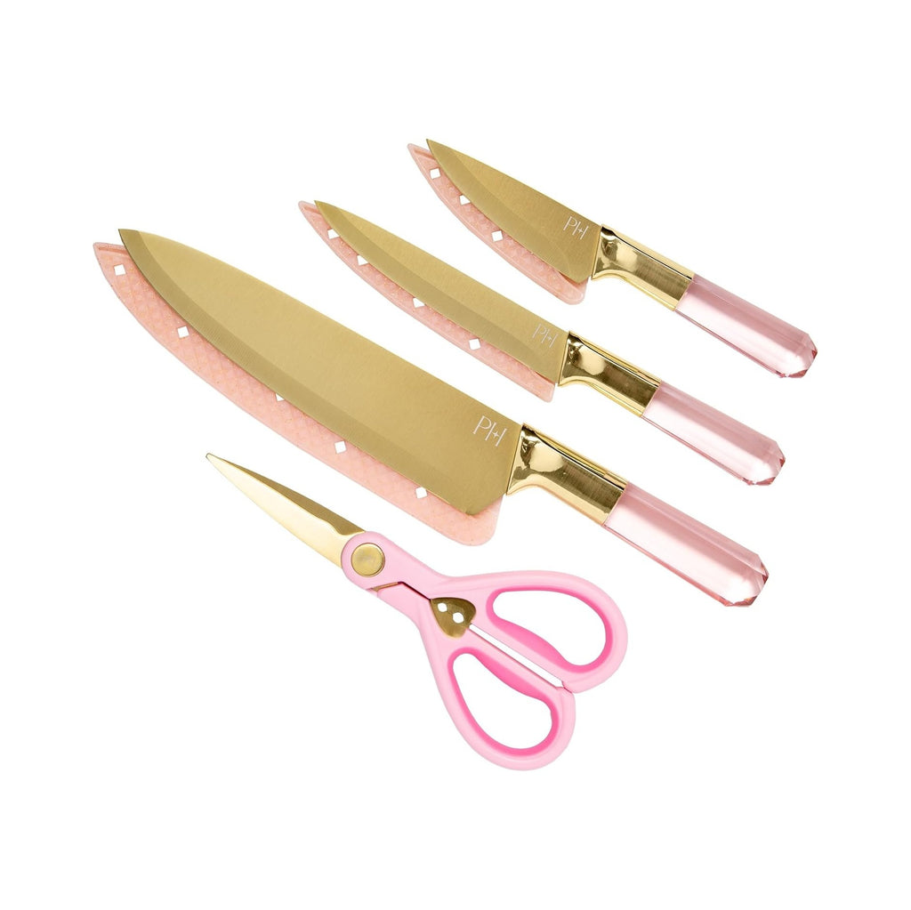 Stainless Steel Knife Set with Jewel Shaped Handles and Gold Blades, Iconic Cutlery Set, 4-Piece, Pink