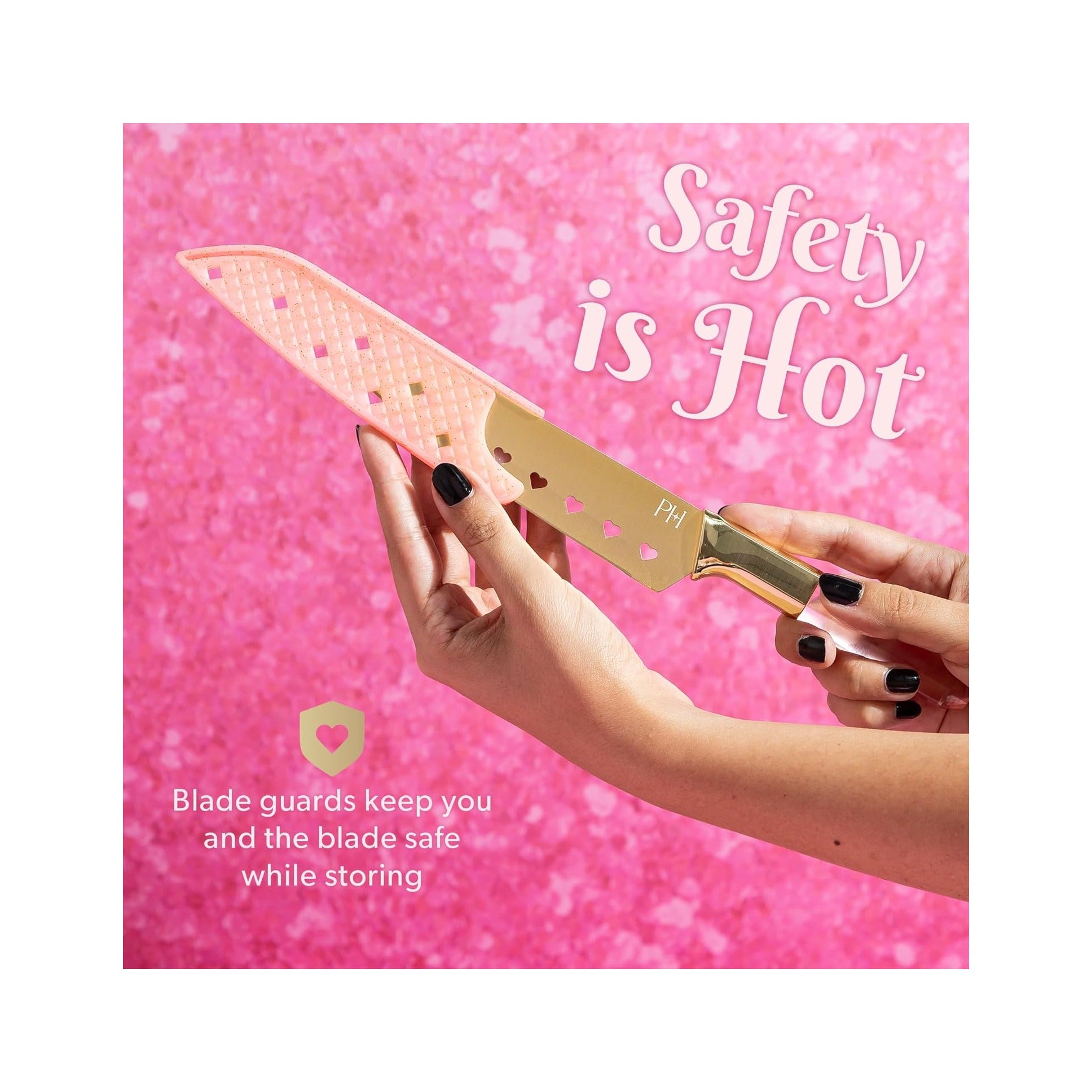 Stainless Steel Knife Set with Jewel Shaped Handles and Gold Blades, Iconic Cutlery Set, 4-Piece, Pink