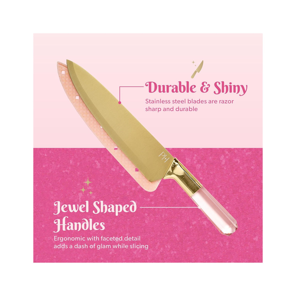 Stainless Steel Knife Set with Jewel Shaped Handles and Gold Blades, Iconic Cutlery Set, 4-Piece, Pink